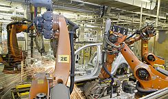 Roboter schweissen Auto Karosserie Fabrik