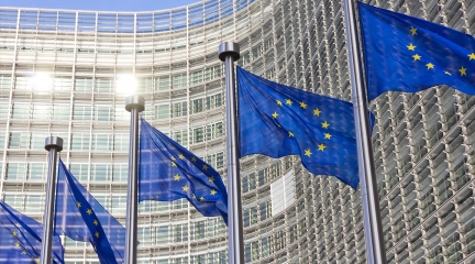 Waving flags of the European Union in front of a building